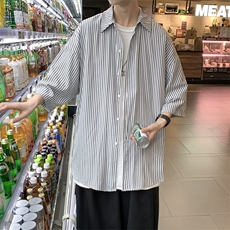 2025男装春夏新款港风条纹短袖衬衫上衣D201-DM93-P40，男装T恤，电商D321-1
