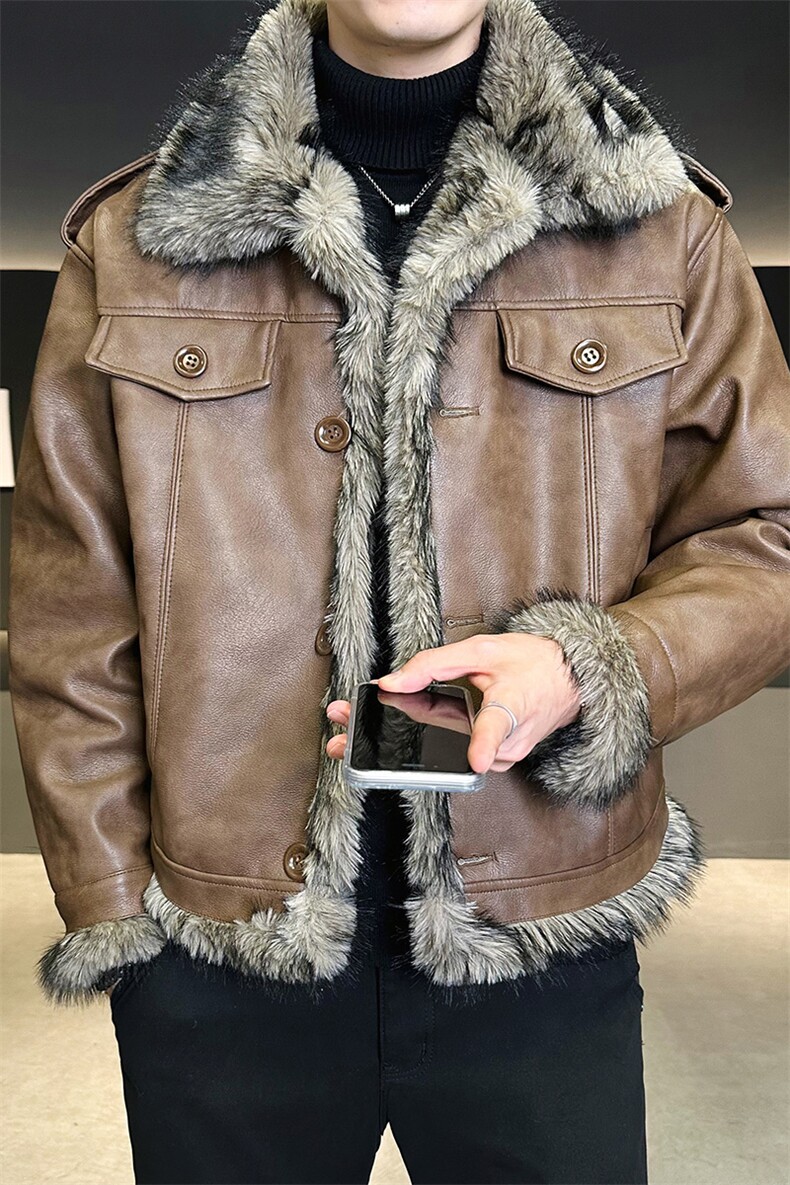 座山雕加绒加厚皮衣外套男士皮毛一体冬季PU皮棉衣B338-5606-P215,男装皮衣,电商B338