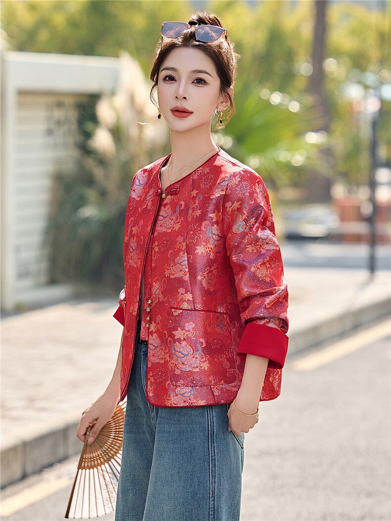 现货麒麟葫芦招财提花新中式巨好看百搭春秋短款女通勤聚会外套,女装短外套,木橙西子