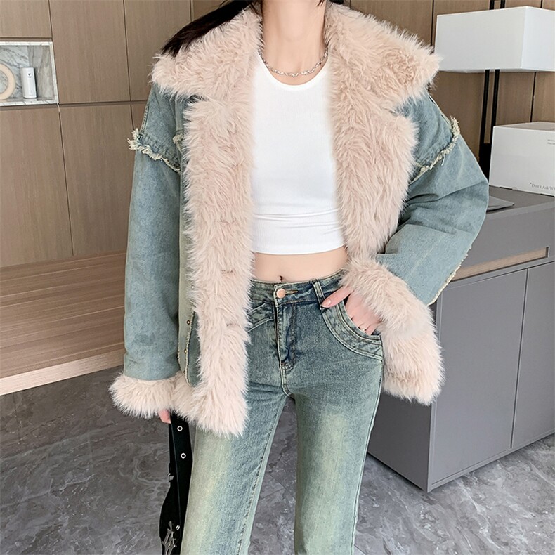 羊羔毛牛仔拼接毛毛外套女冬宽松加绒加厚复古夹棉棉服C613-P130,男装棉衣,星座911-2(原星座613-2）