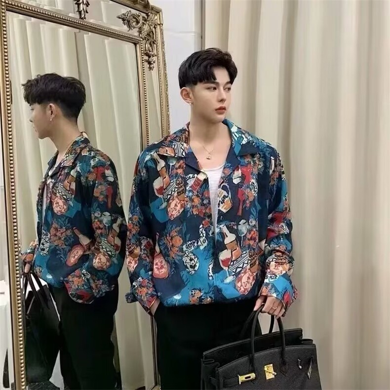 615-P24法式巴黎风情酒瓶衬衫男小众设计师衬衣港风复古,男装T恤,电商B323A