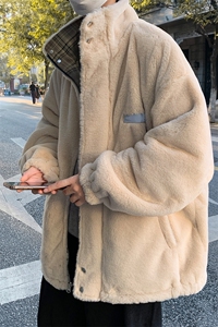 冬季加厚保暖棉服格子棉衣港风两面穿羊羔毛外套男MY56-P135图片