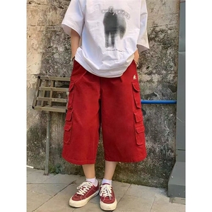 红色多口袋阔腿工装裤男女夏季美式街头宽松直筒七分裤休闲裤子潮
