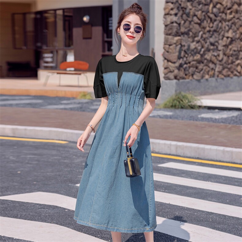 短袖拼接连衣裙女2024夏季新款女装韩版时尚气质牛仔裙子大量现货,女装连衣裙,慧尚依恋