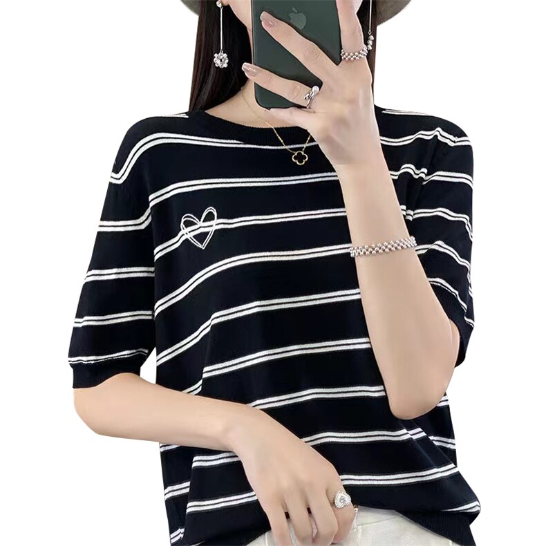 夏季条纹冰丝针织短袖上衣女圆领洋气减龄宽松显瘦T恤半袖上衣潮,针织衫/毛衣,萱芳婷羊绒