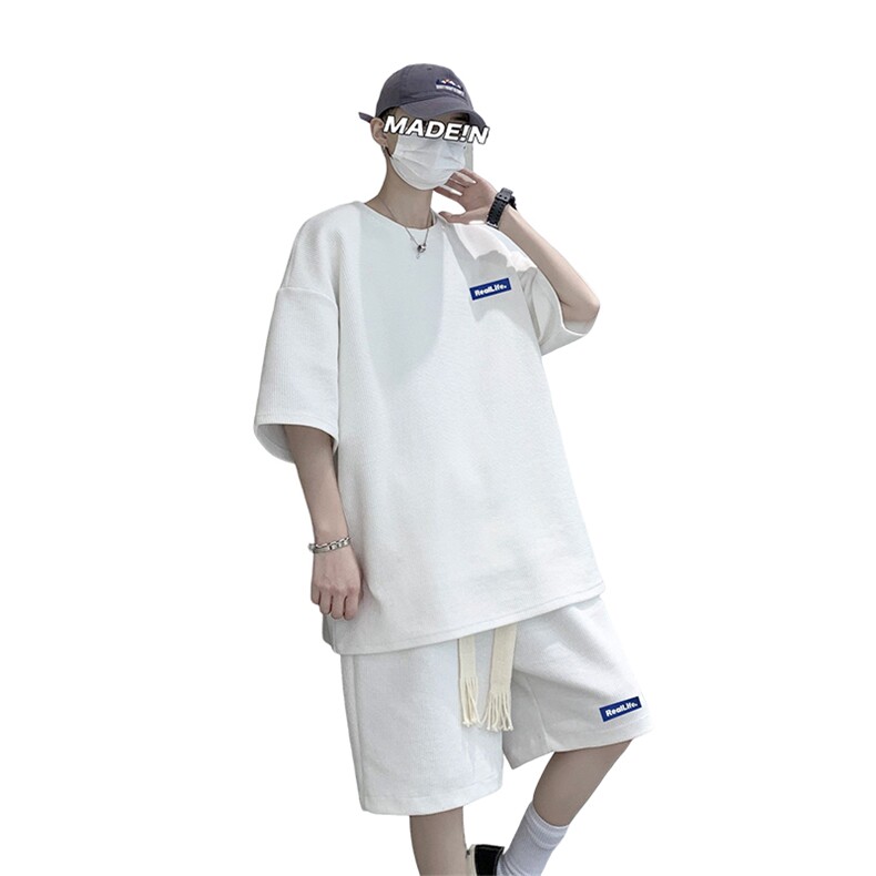 套装！夏季华夫格套装男T恤短裤两件套大码港风HDX323+HD323-P50,男装T恤,电商B371