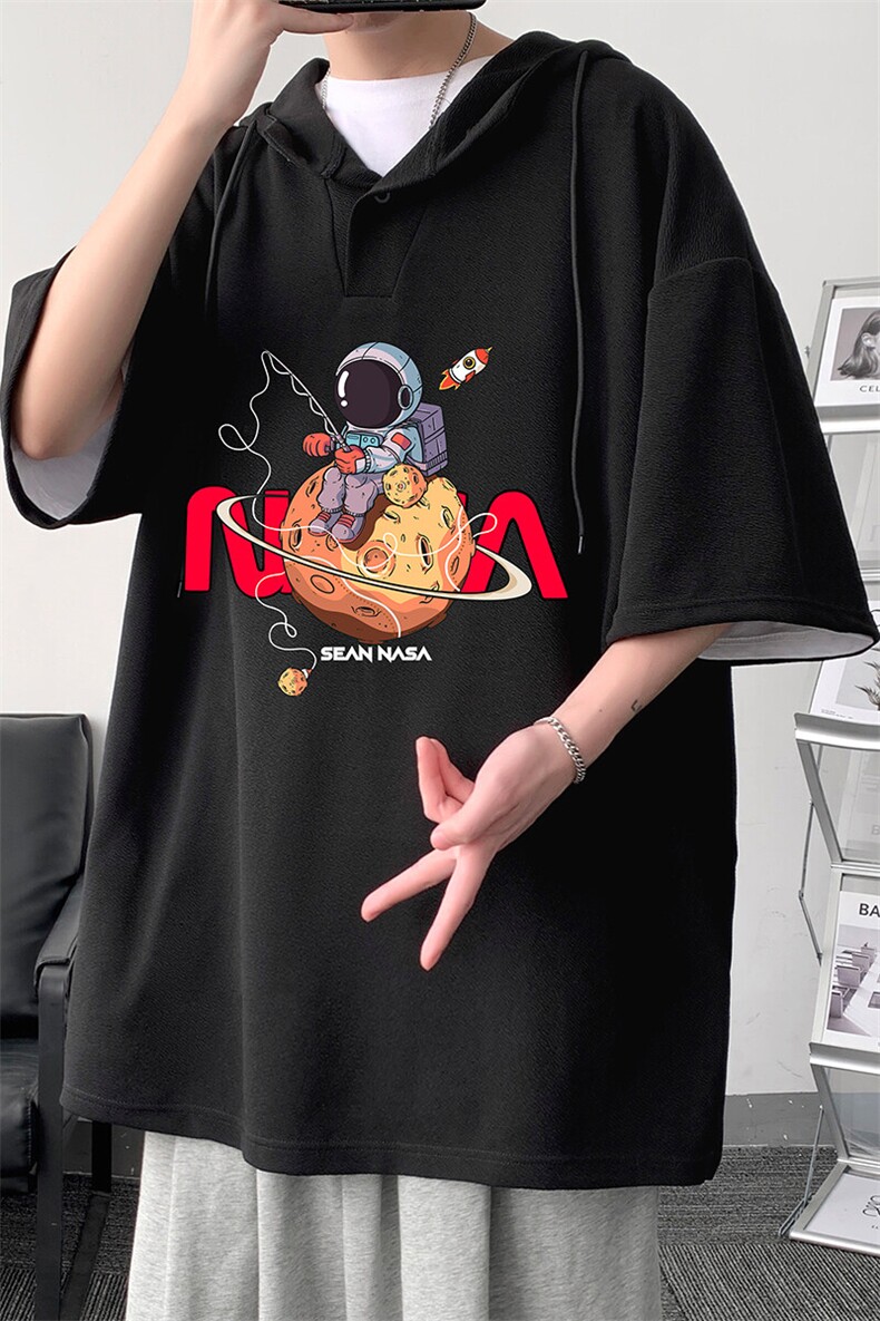 LD54287-P45NASA连帽短袖t恤男大码胖子带帽五分袖中袖,男装T恤,电商A040
