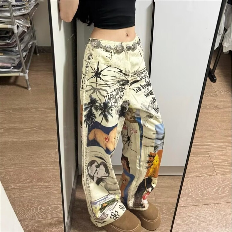 印花2025秋装新款弹力松紧腰显瘦花色格子裤百搭修身微喇叭长裤,男装牛仔裤,星座601-1
