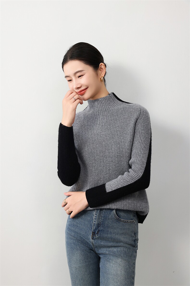 时尚女士欧美风拼色羊毛衫高领修身显瘦羊毛毛衣,女装羊毛衫,鲁菏羊绒