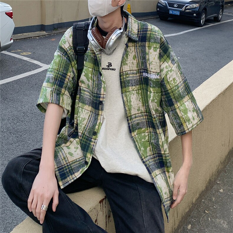 2026夏美式扎染刺绣格子短袖衬衫衬衣五分袖CS1805/特P35绿色,男装衬衫,电商A094