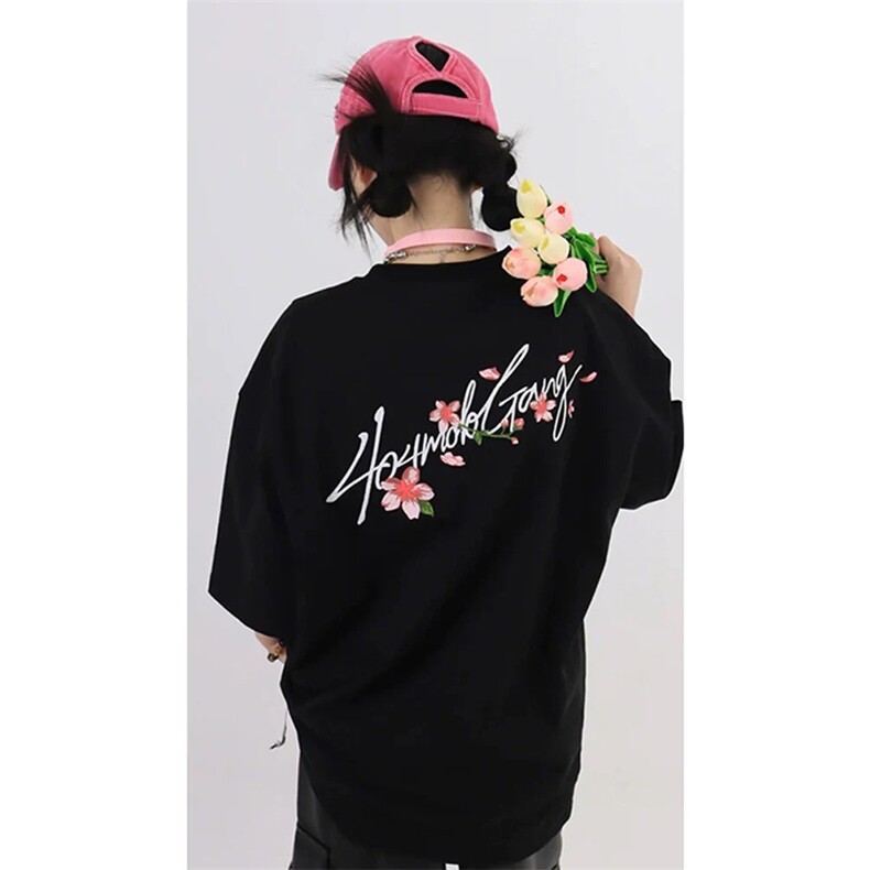 网图有货 夏季美式手写花卉刺绣短袖T恤男女情侣宽松上衣A480-P35图片