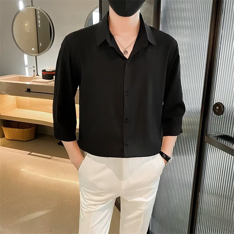 2024夏季衬衫男薄款修身冰丝短袖青年纯色春秋七分袖衬衣男 Y50图片