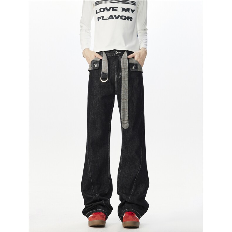 XZ518-1-MG999P75秋冬树脂原牛千鸟格美式拼接剪裁微喇牛仔裤，男装牛仔裤，星座518-1（原A432-1）