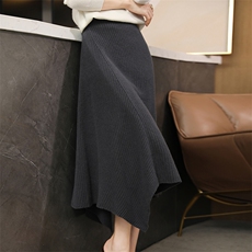 2023秋冬新款羊毛半身裙女不规则鱼尾裙纯色抽条针织过膝裙，女装半身裙，君贝羊绒