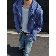 蓝色格子长袖防晒衣男夏季连帽格纹轻薄衬衫户外运动防紫外线衣服，男装衬衫，星座1116A（原606A-3）