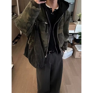 cleanfit假两件迷彩棉服男款冬季加厚高级感痞帅美式飞行夹克棉衣,红色中长款棉服搭配图片