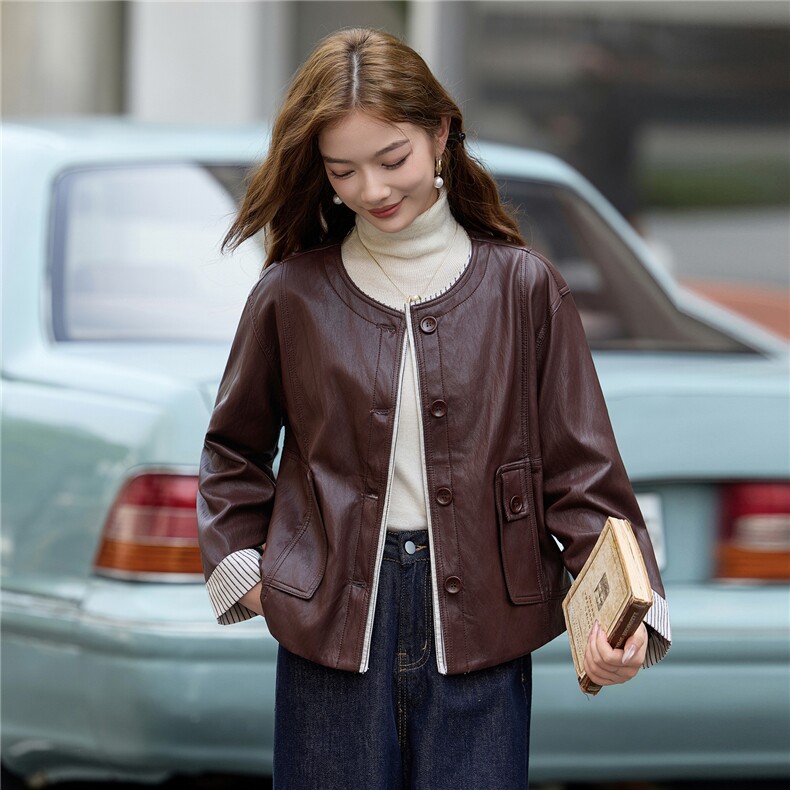 2025秋季女装新款小香风相拼短款皮衣外套,女装皮衣,魅衣本色