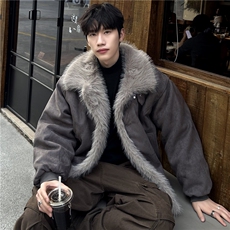 美式复古冬季男防鹿皮绒棉服座山雕毛领拼接铆钉外套，男装棉衣，电商C307