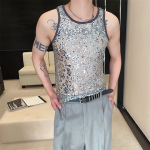 夏季亮片拼接弹力紧身圆领背心潮流痞帅舞台装男女坎肩图片