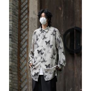 新中式风男花衬衫水墨画山水系情侣衬衣外套男C04551-P35图片