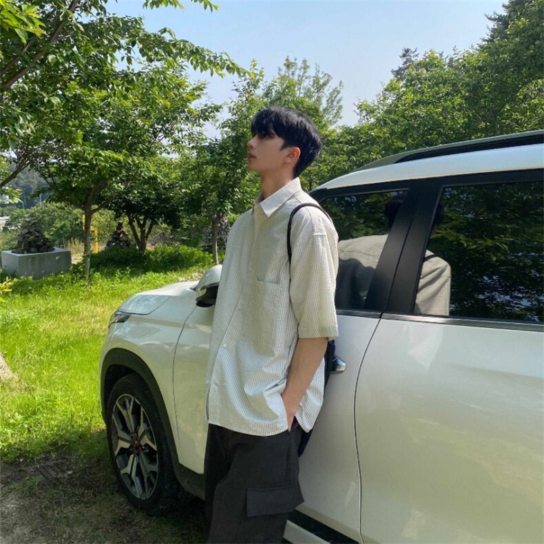816B-CS023-P45中性风夏季学生休闲韩版条纹短袖衬衫韩男,男装衬衫,星座816B