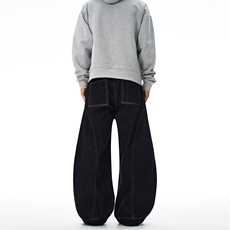 2025丹宁原牛廓形设计感拼接弯刀裤baggy牛仔裤男女街头美式阔腿，男装牛仔裤，星座301D-3