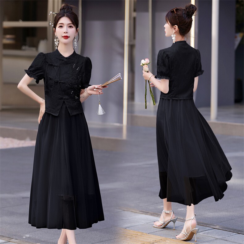 新中式国风半身裙套装2025夏新款轻奢高级感改良旗袍纱裙两件套女，女装套装/套裙，意芙