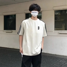 抖音得物高品质二开240克宽松纯棉美式潮牌三条杠织带短袖T恤，男装T恤，电商A486-1