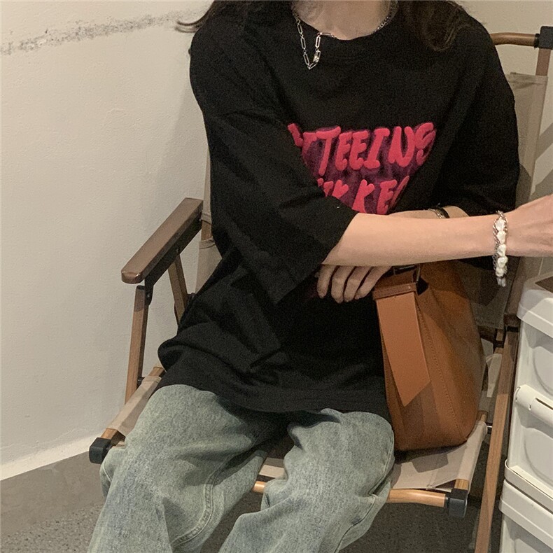 发泡印花宽松休闲BF慵懒风潮流夏季女装短袖T恤衫D328-T245-P28,女装T恤,电商D328