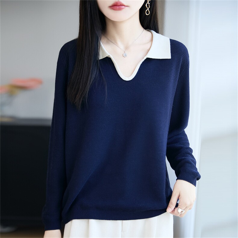 韩系POLO领撞色长袖针织衫女精纺薄款毛衣2025轻薄舒适设计感上衣,针织衫/毛衣,郡淞羊绒
