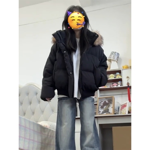 现货三防重磅硬挺boxy短款羽绒棉衣座山雕大毛毛领PU皮棉服外套冬图片