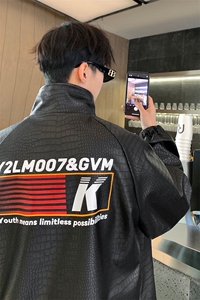 2025港风鳄鱼纹面料条纹印花图案大码M-5XL夹克男JK77742P85图片