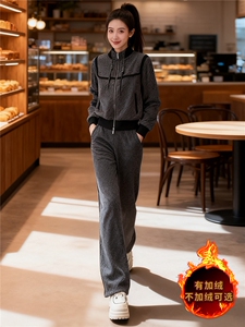 洋气设计感休闲运动套装女秋冬时尚撞色加绒外套阔腿裤显瘦两件套图片