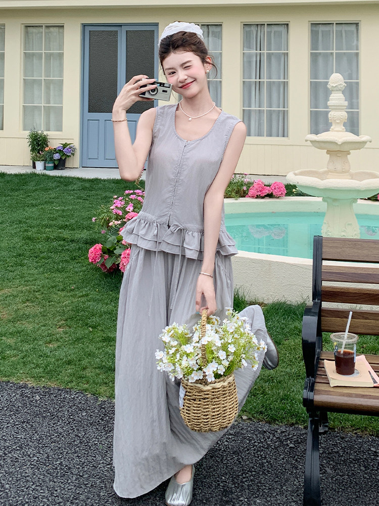 灰色无袖连衣裙女2025年夏季新款韩系慵懒风气质宽松显瘦背心长裙,女装套装/套裙,浙宝220