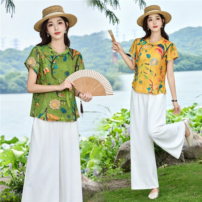 现货！夏季套装2026新款松弛感新中式盘扣上衣服女两件套端庄大气,女装套装/套裙,衣之秀