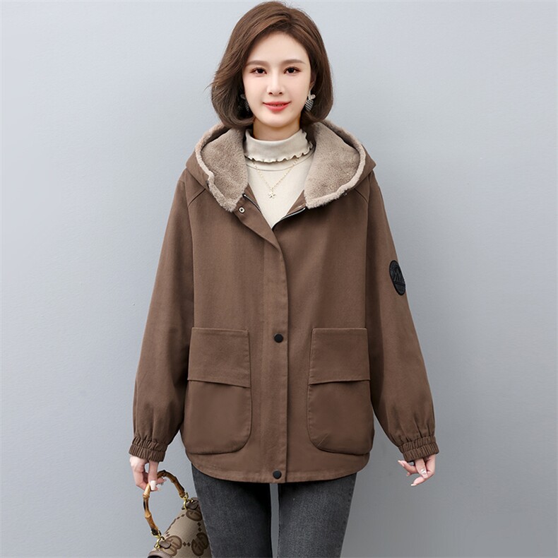 2022冬季新款派克服加绒加厚外套女连帽大口袋休闲外套,女装派克服,忆绮罗