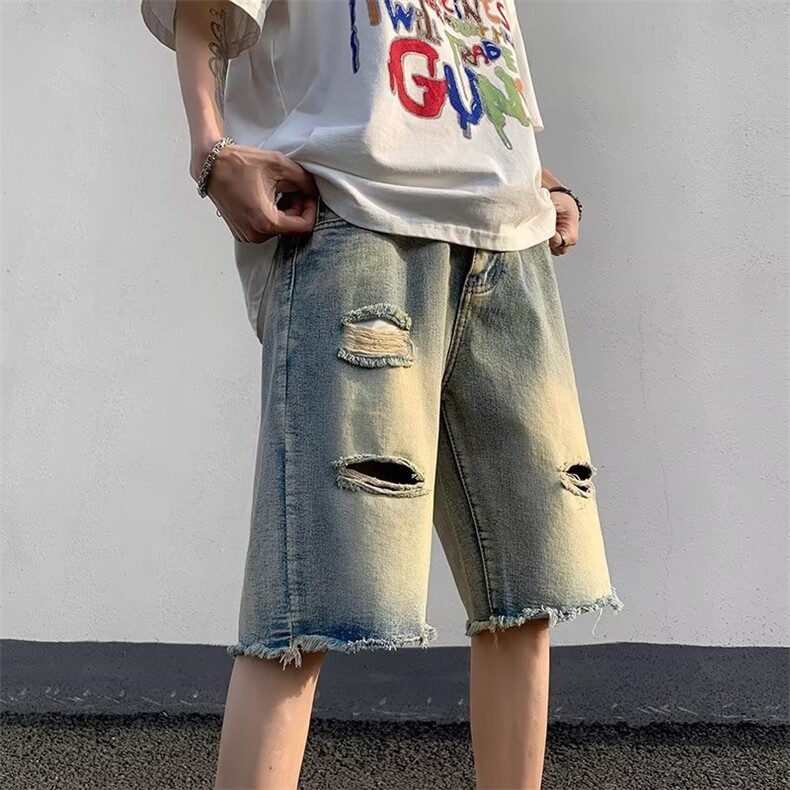 中腰牛仔裤潮微弹拉链破洞合体直筒青春流行夏季男新款水洗五分裤图片