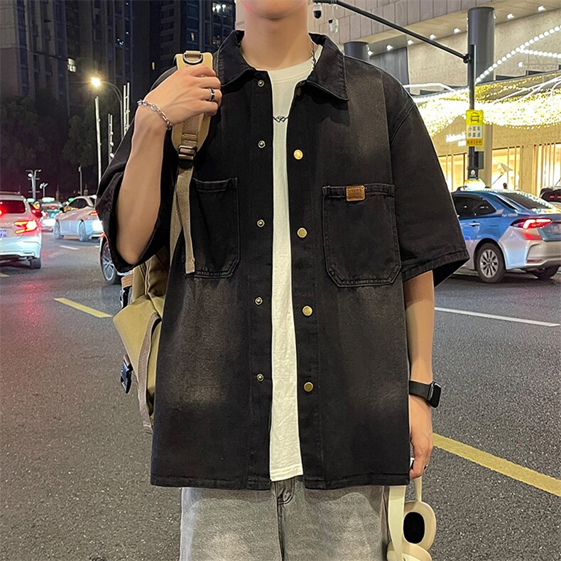 夏季水洗牛仔短袖衬衫男休闲同款宽松港风衬衣图片