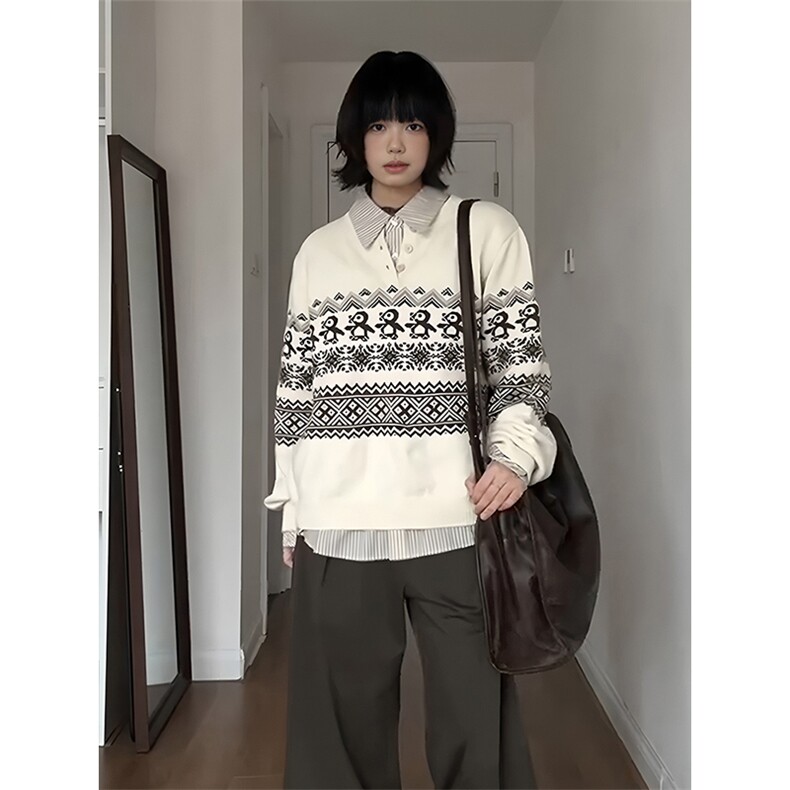 重磅秋冬装北极绒套头毛衣美式复古休闲慵懒风提花工艺针织衫外套,男装针织衫/毛衣,电商A443