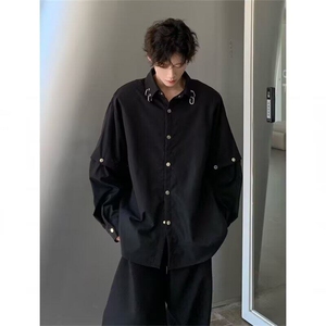 黑色垫肩长袖衬衫发型师潮牌男装教父高级感痞帅高街衬衣外套春秋图片