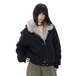 美式毛领座山雕连帽棉服女2025冬季新款短款夹克厚外套YD01-P140图片
