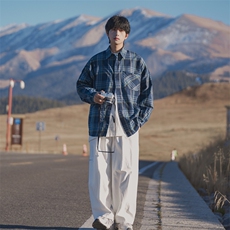 日系文艺风格子男长袖衬衫新款秋季休闲宽松情侣DX512P50控79，男装衬衫，电商B413-1