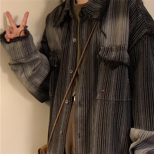 高级感条纹衬衫男秋冬款韩版宽松潮流设计感长袖衬衣外套休闲美式图片