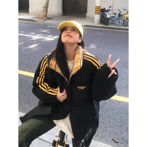 9901-P70 美式短款撞色格子棉服男款冬季三条杠立领外套加厚图片