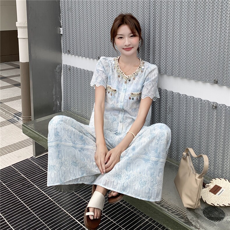 蓝色小香风上衣套装女2025夏季新款设计感蕾丝宽松阔腿裤两件套,女装套装/套裙,2C105