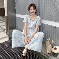 蓝色小香风上衣套装女2025夏季新款设计感蕾丝宽松阔腿裤两件套，女装套装/套裙，2C105