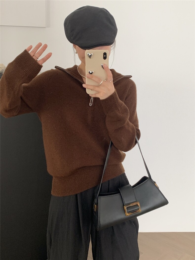 时尚紫色半拉链金豆纱上衣秋冬保暖显瘦长袖毛衣,女装羊毛衫,牧思羊