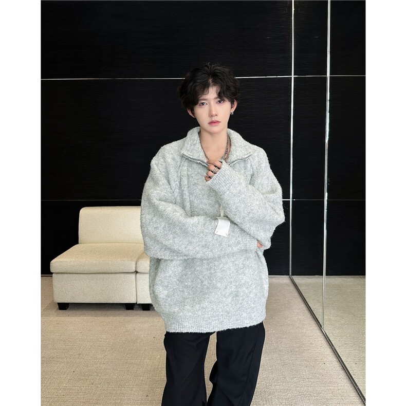 高端浅灰美式复古潮流拉链立领针织衫2026秋季新款男装毛衣MY9551，男装针织衫/毛衣，星座506