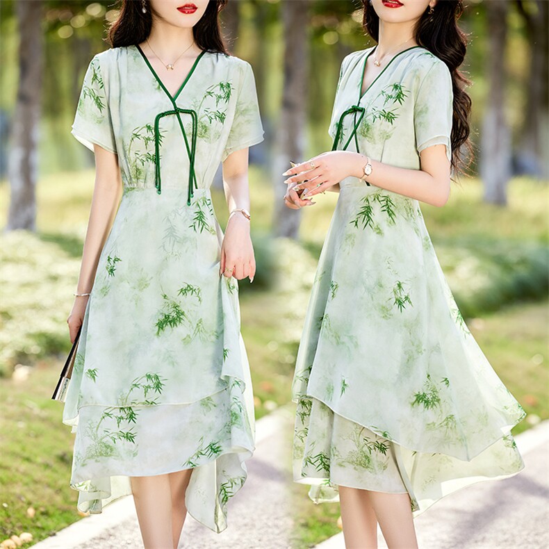 2024年夏季新款短袖盘扣调节腰印花竹子复古女装连衣裙，女装连衣裙，初闻兮