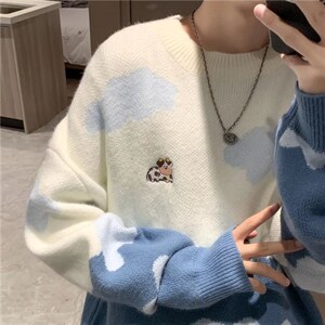 港风ins圆领毛衣男女秋冬季潮牌宽松情侣针织衫韩版线衣Y5053-p40图片